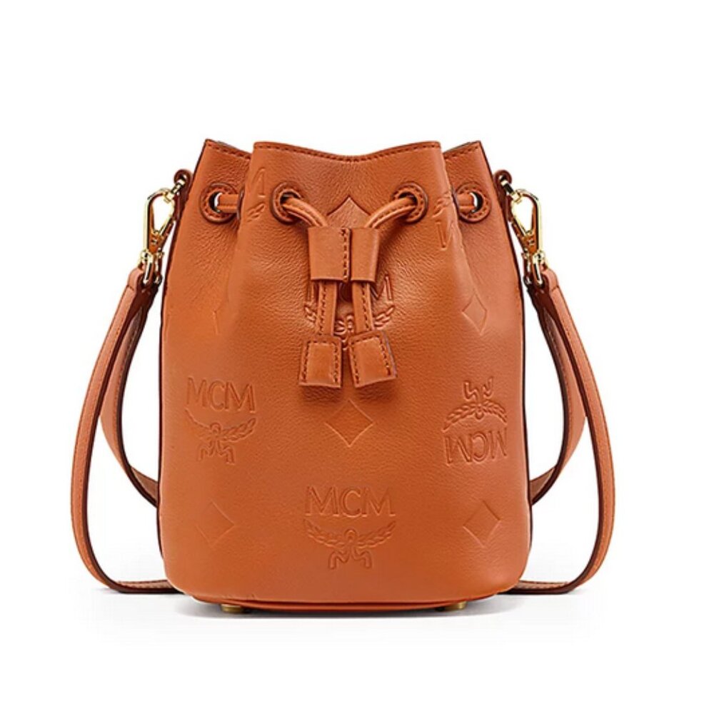 $990 MCM Dessau Mini Leather Drawstring Bucket Bag | Brown | NWT